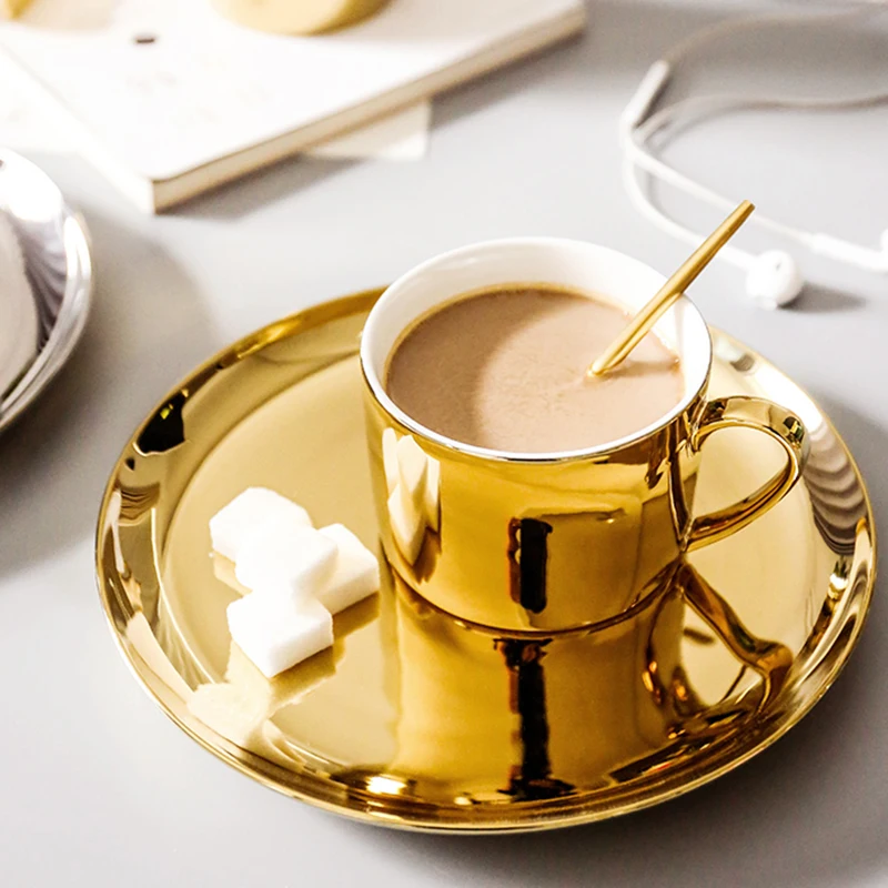 

Ceramic Plate And Mug Cutlery Round Dish Golden Plate Vajilla Dinnerware Set Gold Serving Tray Big Fruit Plate Food Tray 20/24cm