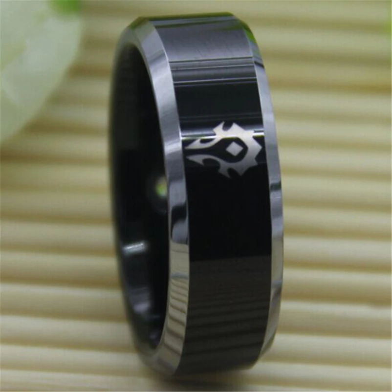 Free Shipping Top Quality The World of Warcraft Horde Design 8MM Black Top Silver Bevel New Men'sTungsten Wedding Band Ring