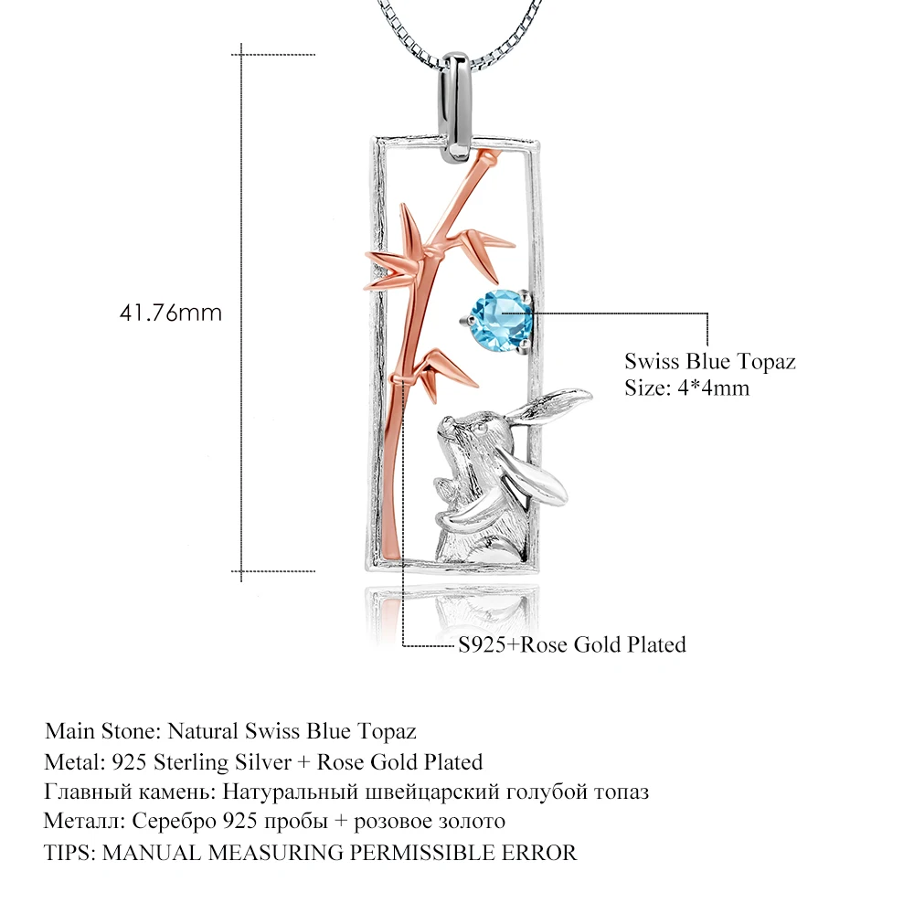 GEM'S BALLET 925 Sterling Silver Rabbit Pendant Natural Swiss Blue Topaz 925 Rose Gold Plated Animal Necklace For Women Jewelry