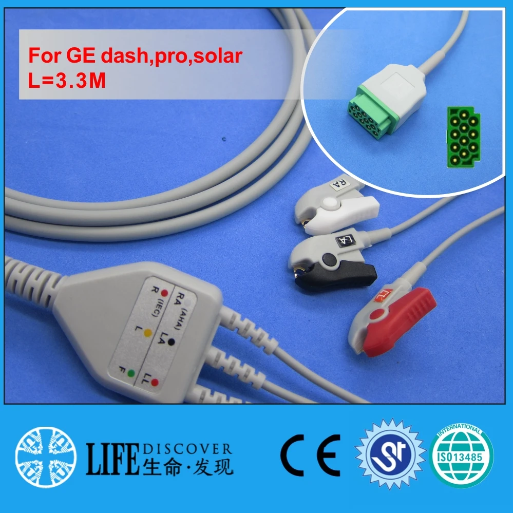 

one piece ECG cable with 3 clip lead wires for GE dash2000,3000,4000,pro,solar patient monitor