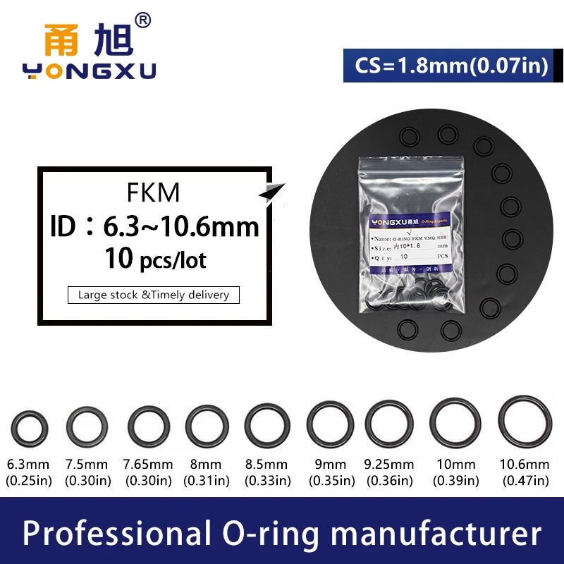 10PCS/lot Black FKM Fluorine Rubber O-rings Seals CS1.8mm ID6.3/7.5/7.65/8/8.5/9/9.25/10/10.6*1.8mm Ring Seal Gasket Ring Washer