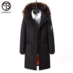 Asesmay 2021 High Quality Brand Winter Jacket Men White Duck Down Coat Long Mens Down jackets Thickening Parka Hood Real Fur