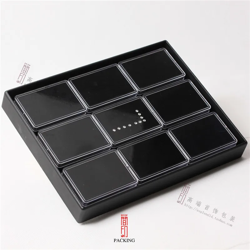 9ps/Tray 8.5*6*2.5mm Diamond Display Plastic Transp Box the Tray include 9pcs Gem cases Black and white Interior shipping boxes