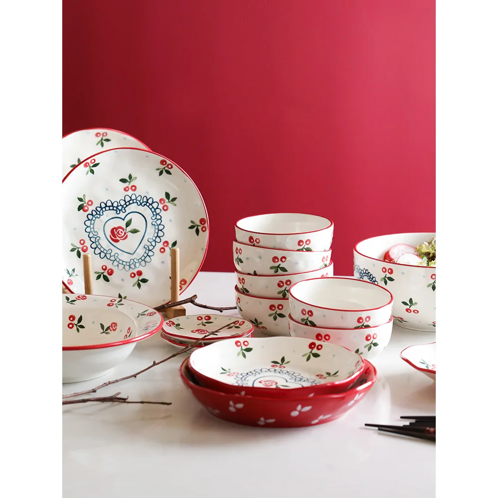 ceramic dinnerware set retro cherry under glazed printed dinner set porcelain cutlery sets 2users 4 users 6 user tableware gifts