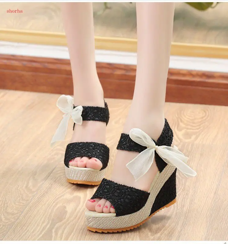 

New Women Sandals Summer Wedges Women's Sandals Platform Lace Belt Bow Flip Flops open toe high-heeled Women shoes Female 35-40