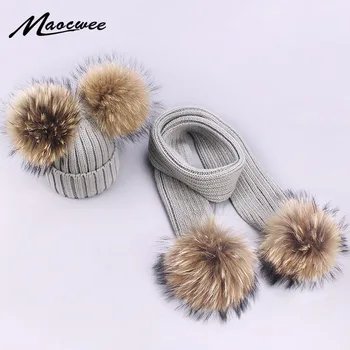 Casquettes Parent-enfant mignon infantile bébé Pompon hiver chapeau écharpe ensembles réel naturel fourrure boule casquettes mère enfants chaud tricoté chapeaux bonnets