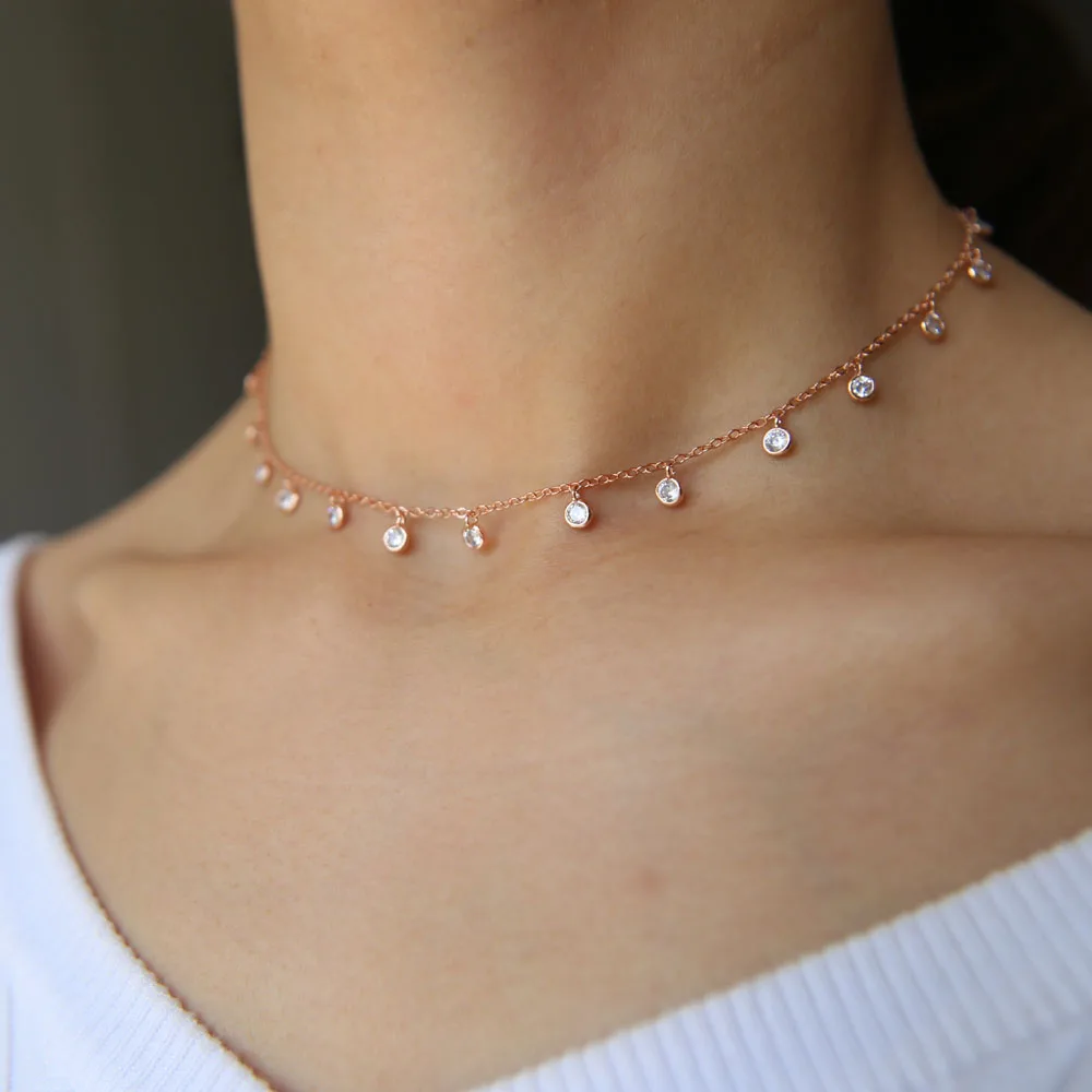 High Quality Delicate Sparking CZ Short Necklace Minimalist Drop Cz Charm Link Chain 32+8cm Choker Layer Womens Collier Jewelry