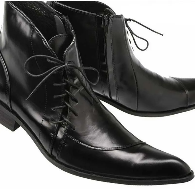 

top fashion Italian style luxury mens genuine leather pointed toe business dress shoes high top lace up side zipper ankle boots