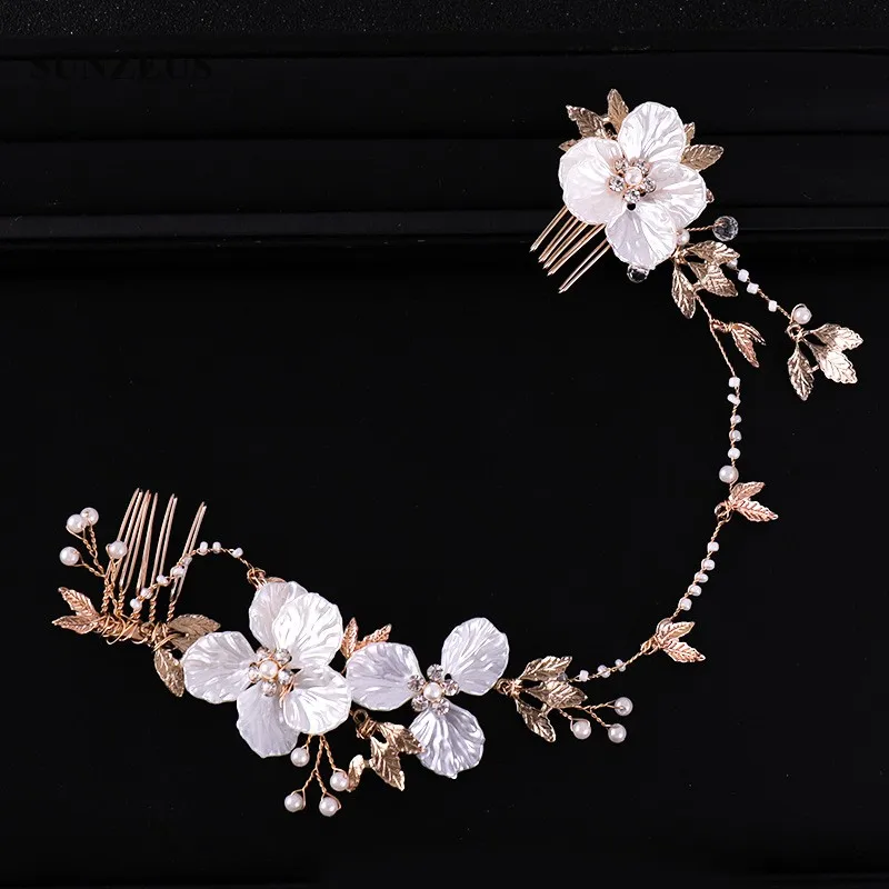 Handgemachte Blumen Braut Accessoire mit Doppel kämmen Perlen Stirnband Hochzeit Gold Farb kette für Haare sq311