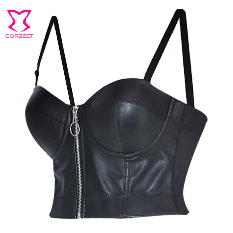 Steampunk Strap Padded Sexy Bra Bustier Cropped Top Vest Black Faux Leather Zipper Night Club Wear Bralet Streetwear Women