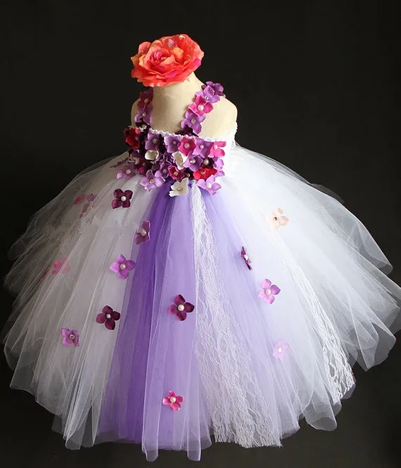 Beautiful Girls Purples Flower Petals Tutu Dress Kids Fluffy Tulle Wedding Party Dress with Headband Children Crochet Long Tutus