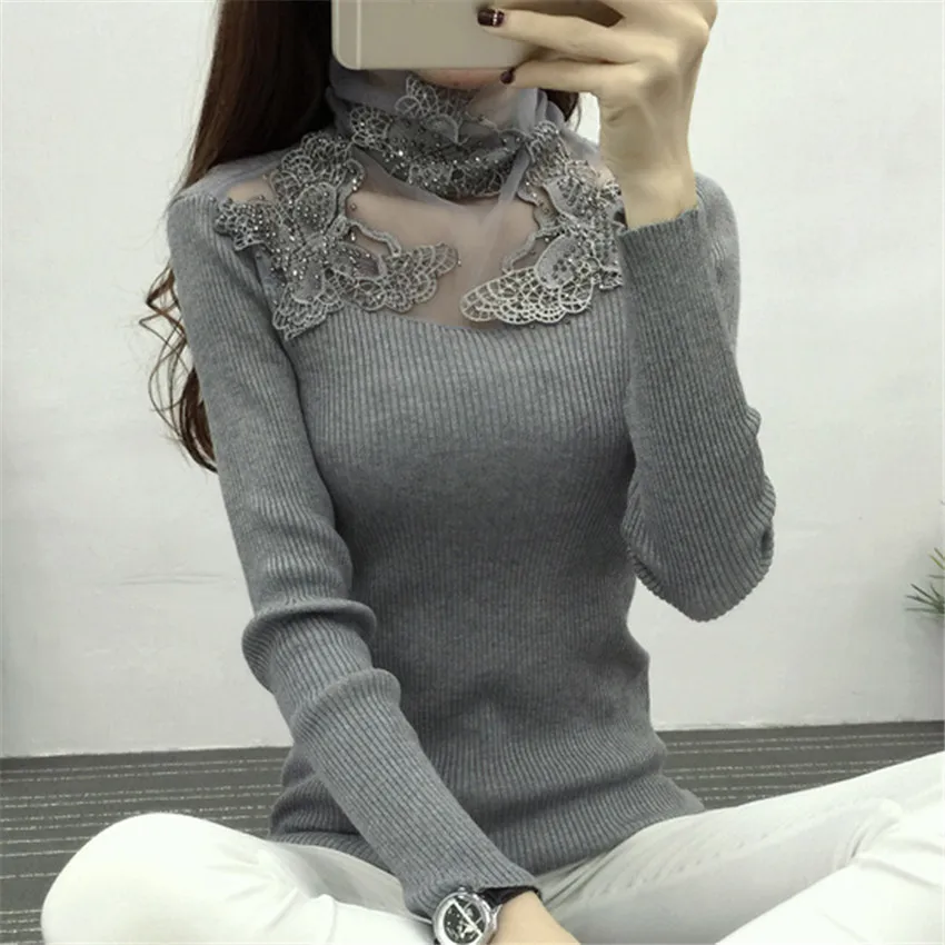 New Women Turtleneck Sweater Autumn Winter Mesh Patchwork Knitted Pullovers Flowers butterfly Basic Sweaters Female Tops AB700