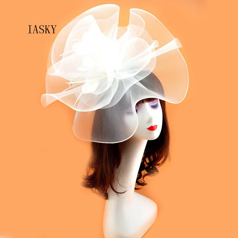 2018 Large Fascinator Multi-Layers Mesh Headpiece  Cocktail Party Ladies Big Feather Gauze Hair Clip White Red Fascinator Hats