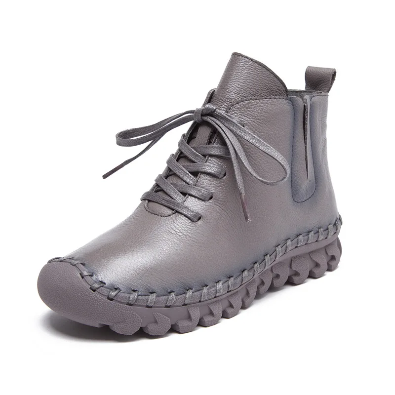 Lace-up Genuine Leather Women Boots A518 Fashion Casual Low Tube Round Toe Real Leather Shoes Winter Shoes Warm Thick