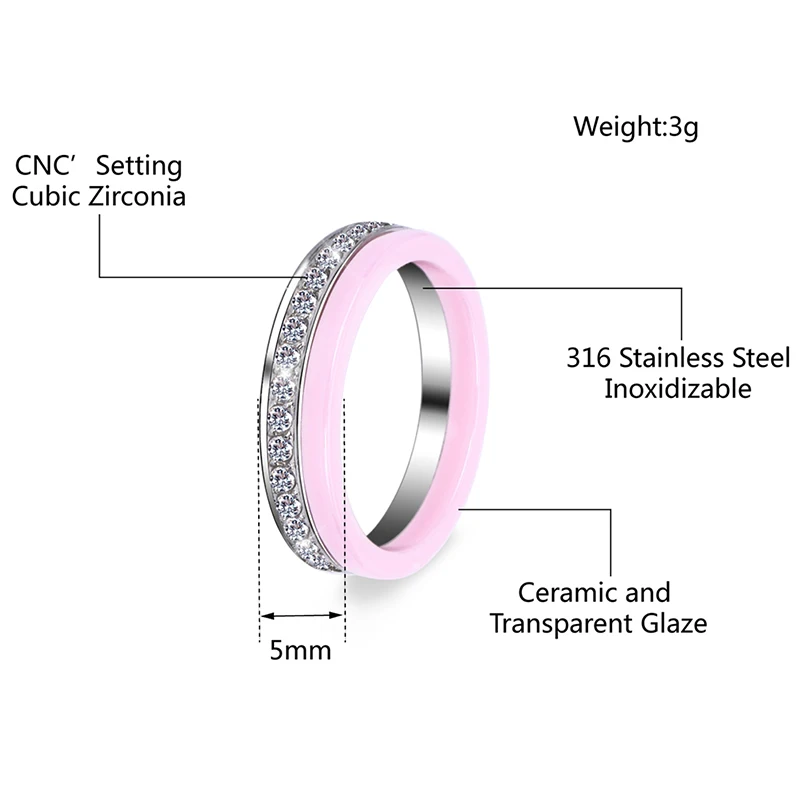 2pcs/Set Fashion Lovely Pink Ceramic Rings Plus One Half Rhinestone Rings for Women Men Clear Crystal Wedding Female Teen Gift