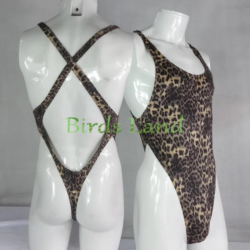 

Mens Thong Bodysuit Stretchy High Cut X Cross Back Leopard print velvet G728CD