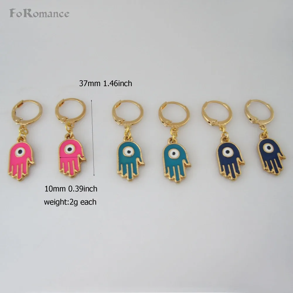 Foromance  YELLOW GOLD COLOR DANGLE HAND HASMA EVIL EYE SHAPED 1.46 INCH  LONG EARRING GREEN BLUE PINK