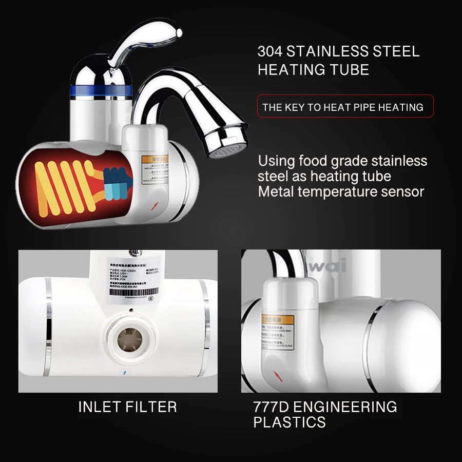 3000W Tankless Instant Hot Water Tap Water Heater Electric Kitchen Faucet Hot Cold Fast Heating Water Heater Tap 220V-240V