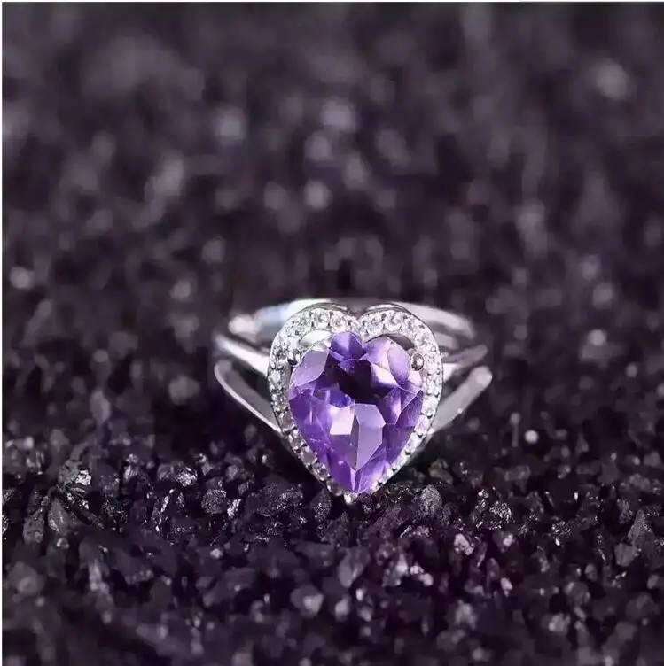 

Amethyst ring Heart Type Free shipping Natural and real amethyst 925 sterling silver ring Purple gems 8mm