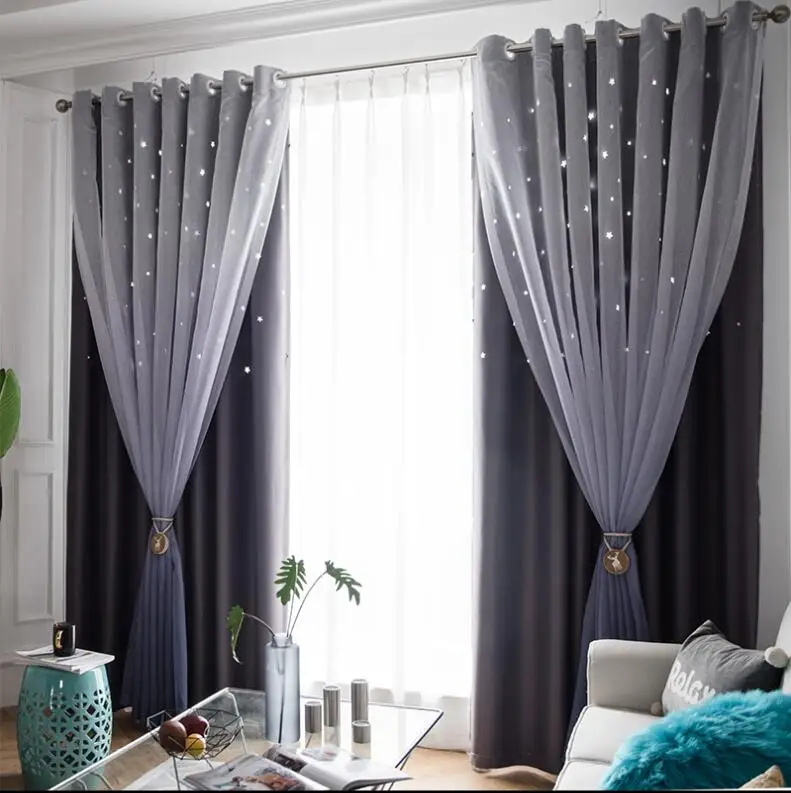 Nordic Ins Gradient Color Tulle+Black Out Double Curtains with Star Tassel High Black Out Blinds Window Curtains For Livingroom