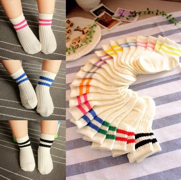 Cotton Children Socks Kids Socks Stripe Boys Girls White School Socks Sport Basketball Athletic Meias Coloured 2 Stripes 1-8 Y