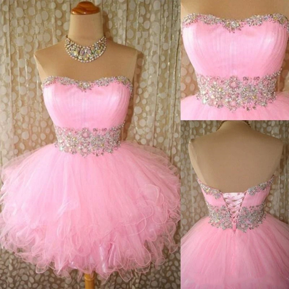 2022 Pink Ball Gown Homecoming ไม่มีที่สิ้นสุดลูกปัดสั้น Mini Graduation Party Gowns สำหรับสาวจริงภาพค็อกเทลชุด