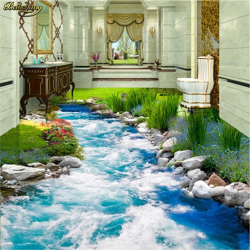 beibehang Custom Photo Wallpaper Floor Painting Striped Grass Creek Water 3D Floor Tile Three - dimensional Painting