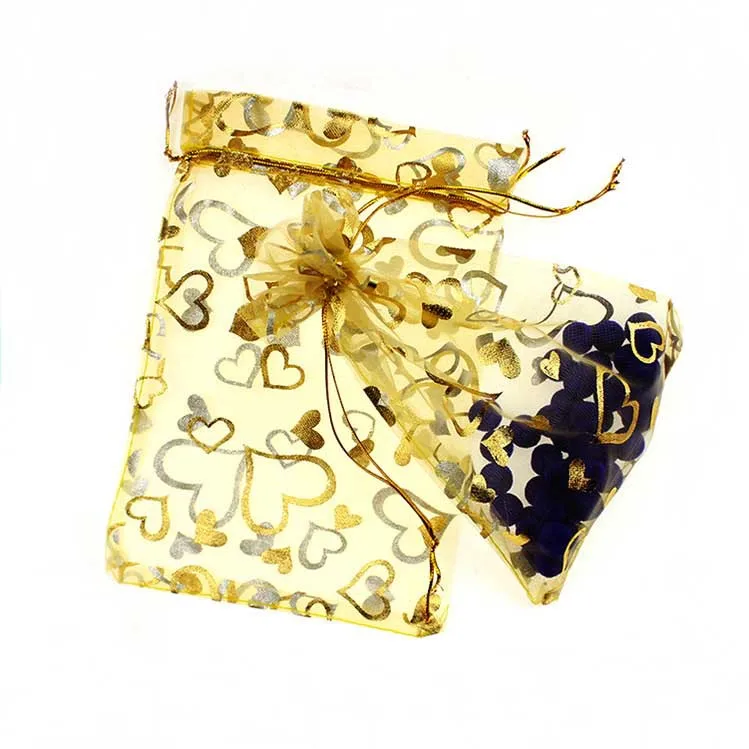 17*23cm 50pcs Gold Gold Heart Gift Bags For Jewelry/wedding/christmas/birthday Yarn Bag With Handles Packaging Organza Bags