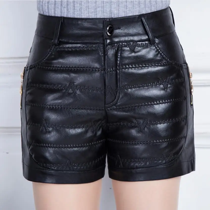 

fashion thicker pu leather shorts high waist leather shorts female package hip embroidery Pu leather shorts wq1353 dropship