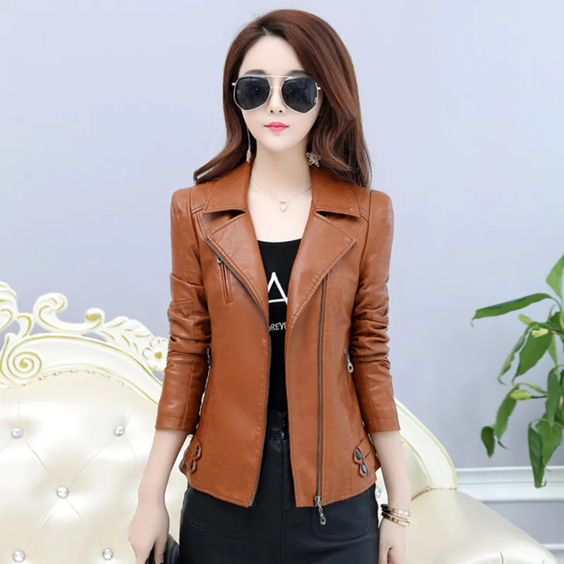 UHYTGF Sheepskin Coat Female Fashion Spring Autumn Jacket Ladies Slim Short Coats Lady 4XL Loose Size Leather Jackets Women 791