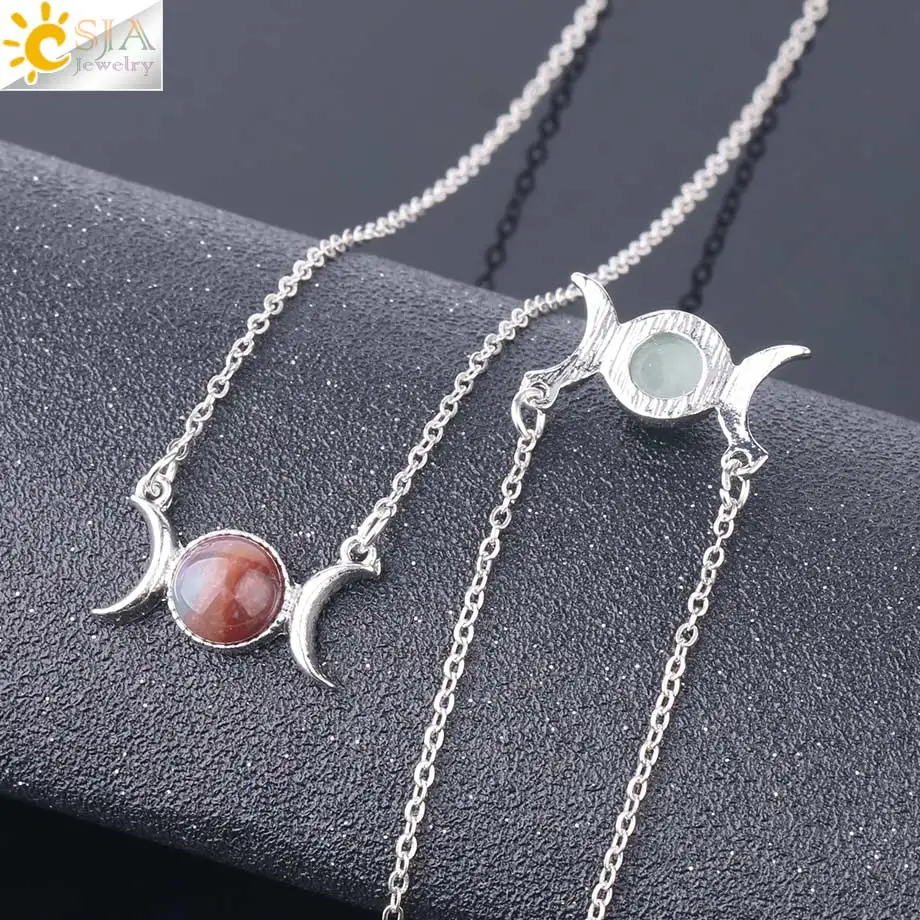 CSJA Vintage Crescent Clavicle Necklace Moon Sun Pendants Silver Color Choker Natural Stone Short Necklaces for Women Girls F707