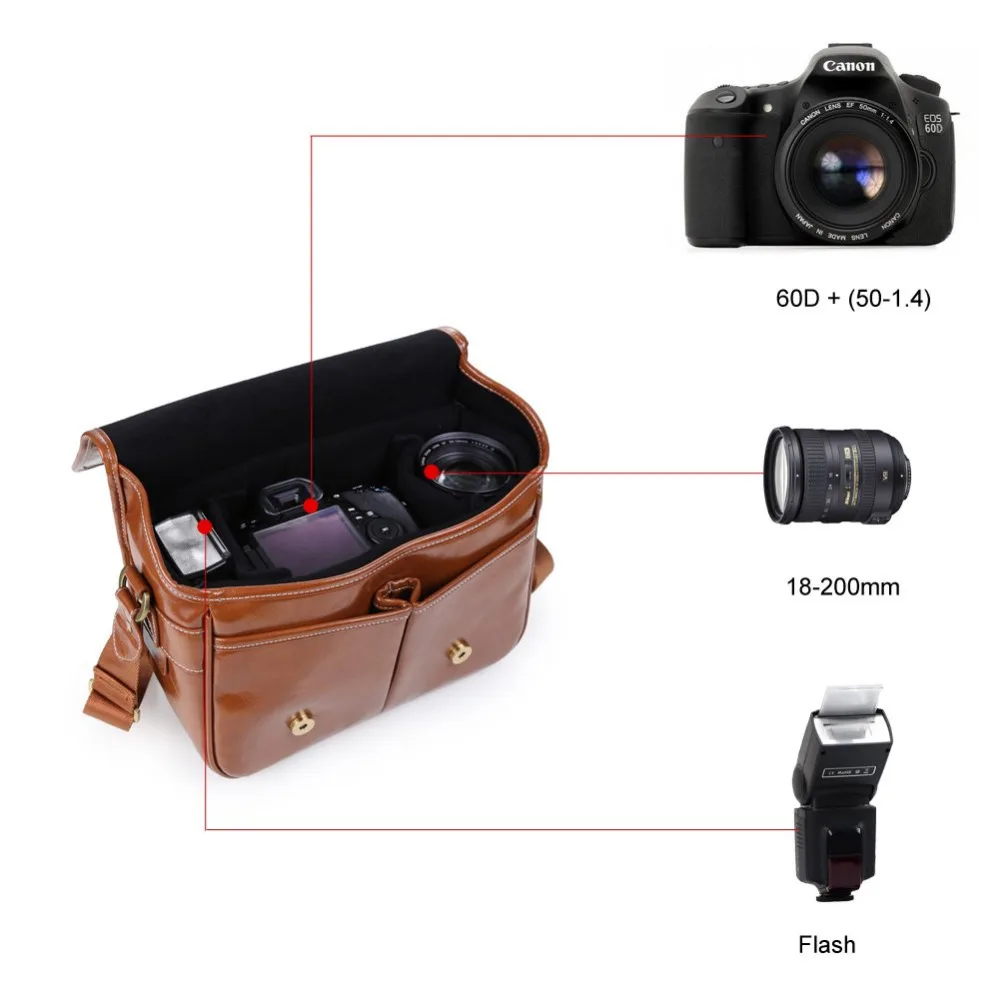 Bolsa de ombro dslr slr retrô, couro pu, à prova d'água, para câmera dv, nikon, canon, sony, casual, moda