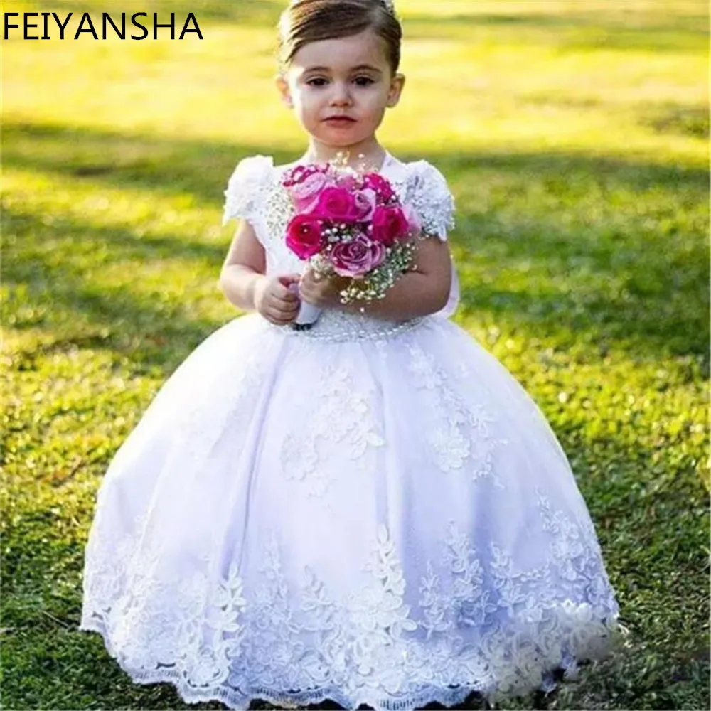 Flower Girl Dress personalizado com Big Bow Sash, Pearl preparado para a princesa participar de várias festas, Sheer Back, Wedding