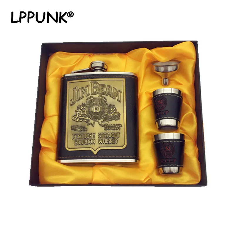 Hot Sales Bpa Free 7oz Whisky Flagon Cccp Stainless Steel Alcohol Hip Flask Set With Gift Box Pu Leather Wrapping LPPUNK