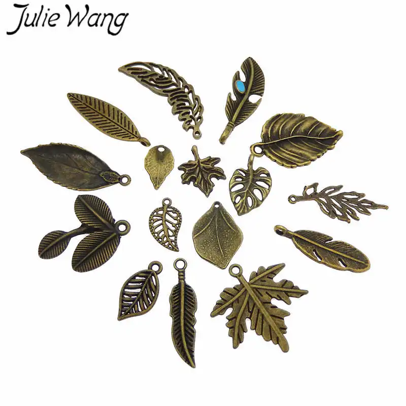 Julie Wang 10PCS Randomly Mix Vintage Leaves Charms Alloy Antique Bronze Leaf Bracelet Jewelry Making Pendant Accessory