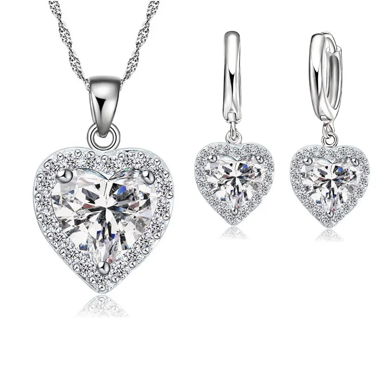 Feine 925 Sterling Silber Schmuck Set für Frauen Braut Hochzeit Herz österreich ischen Kristall Halsketten Ohrringe Set Valentinstag