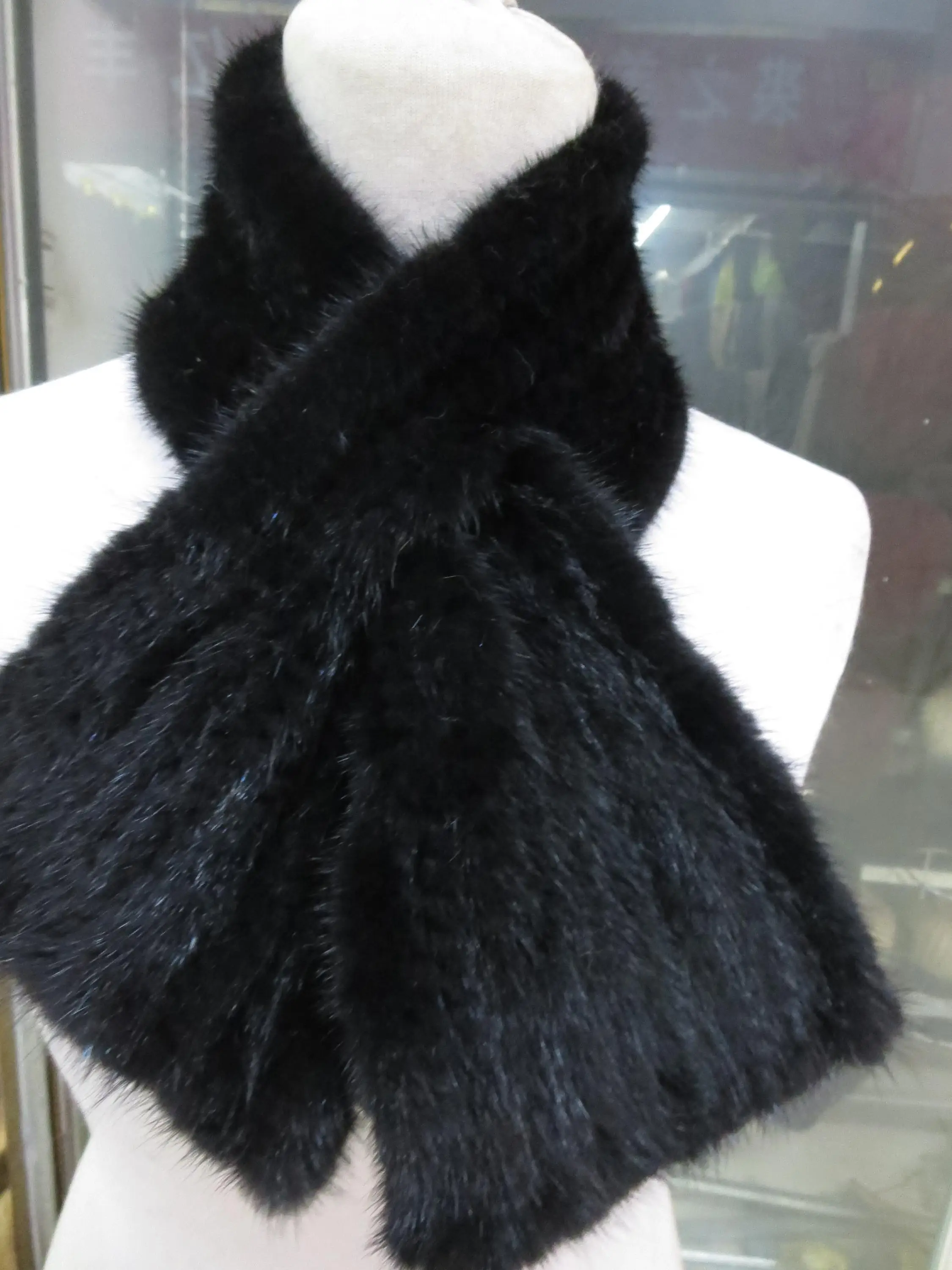 

Elegant Best Real Mink fur knitted Neckerchief fishtail Scarf women black