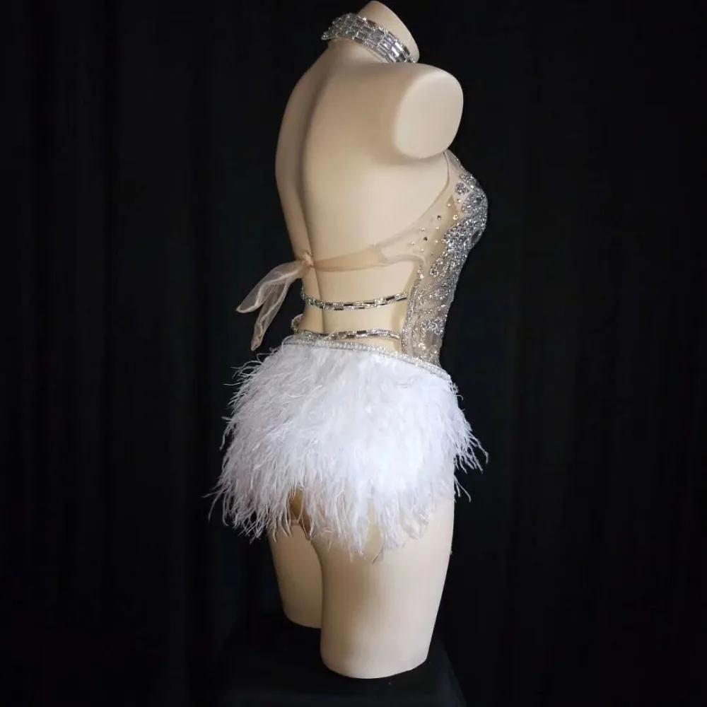 Silver Rhinestones White Feathers Bodysuit Sexy Perspective Crystals Jumpsuit Nightclub Female Clothing DJ Singer Dance Costumes