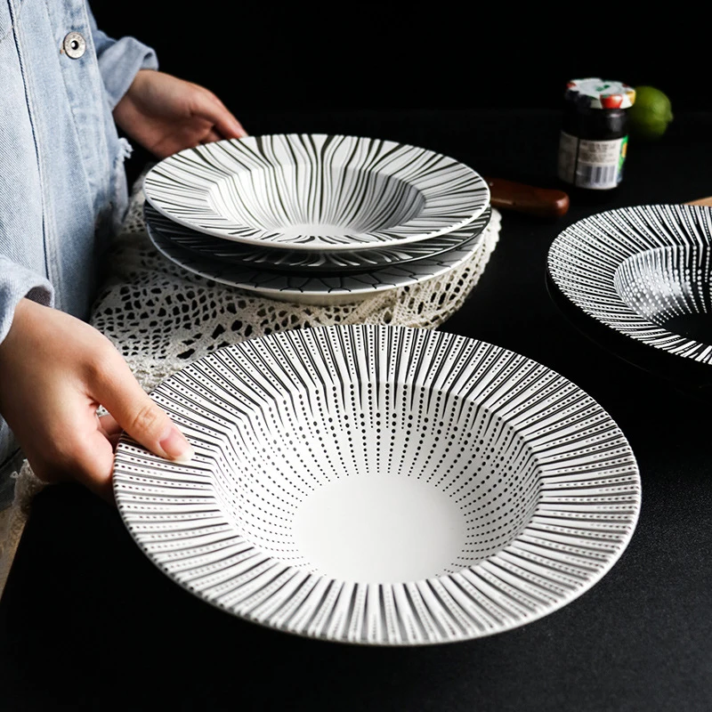 Ceramic Western Deep Plate for Restaurant, Salad Pastal Dishes, Western Food Tableware, Creative Black and White Straw Hat Plate