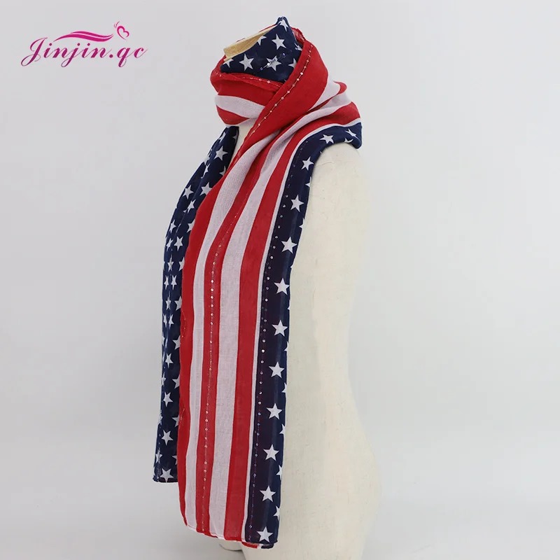 Jinjin.QC Women Scarf United States Flag Stars Lines Pattern Blue Red Stylish Fashion Excellent Quality Viscose Material Woman