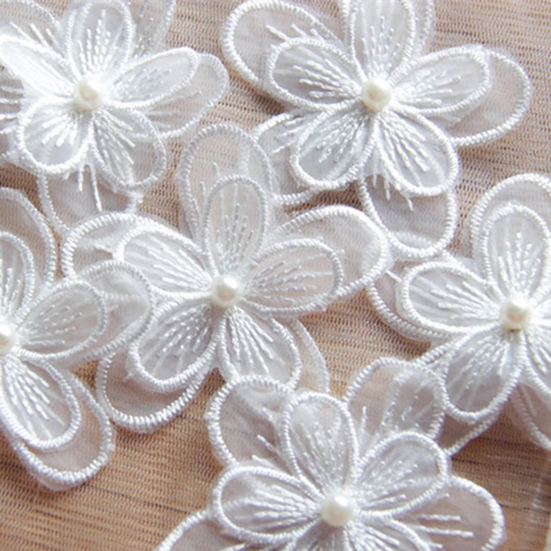 12 pieces White organza embroidery fabric lace patch trim clothes 3D Beading flower bride wedding dress diy applique lace fabric