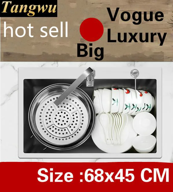 

Free shipping Home vogue big kitchen manual sink single trough do the dishes durable 304 stainless steel luxury 680x450 MM