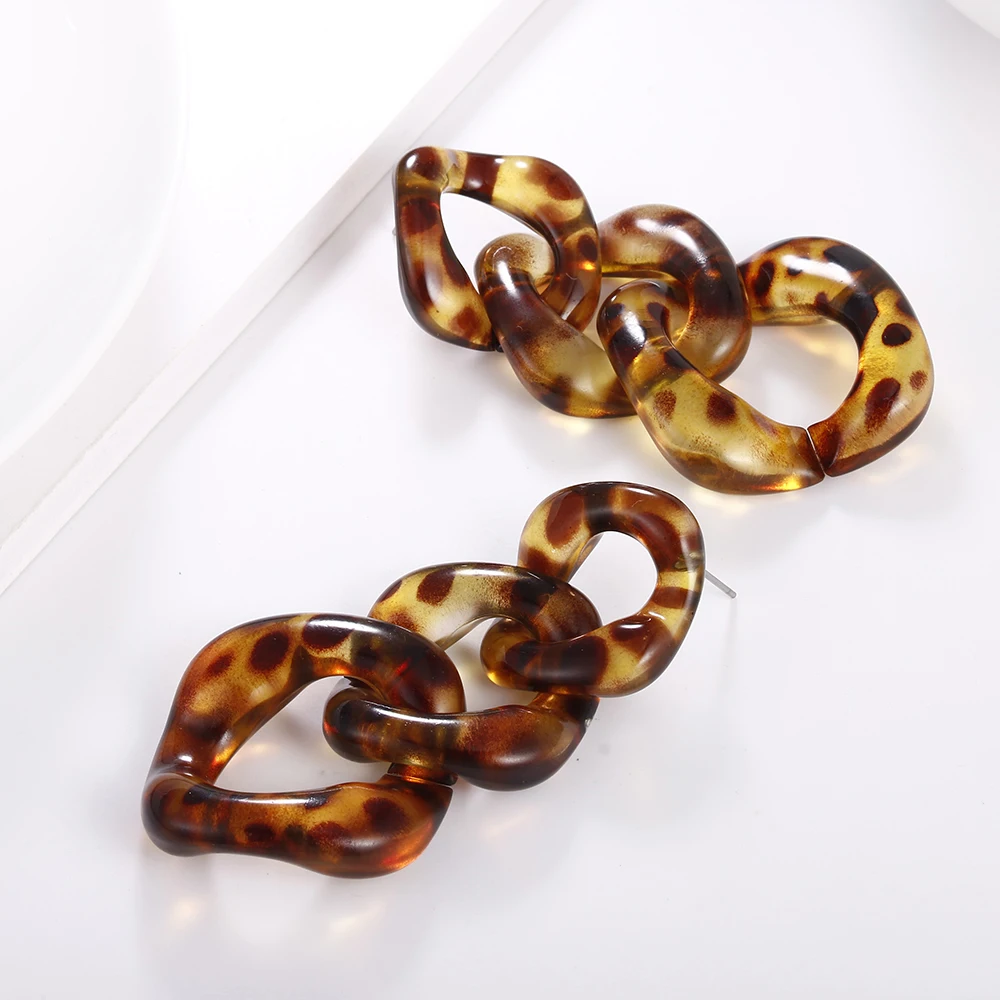 FishSheep Trendy Acrylic Leopard Link Chain Long Drop Earrings Statement Resin Big Circle Pendant Earring 2019 Fashion Jewelry