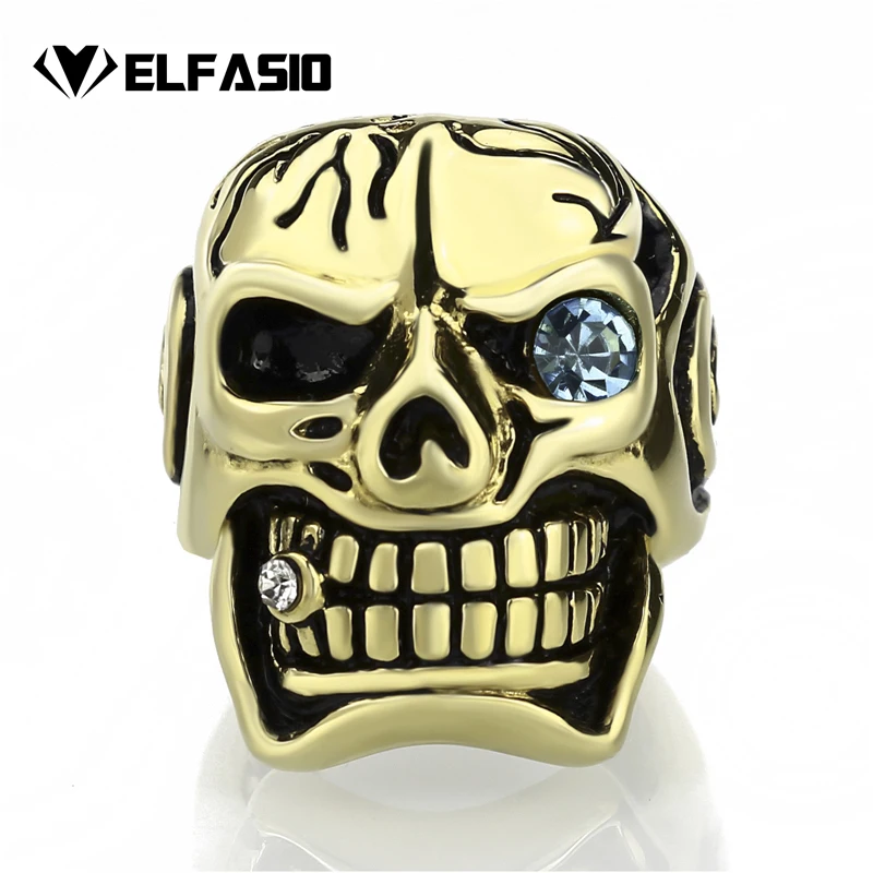 Mens Boys Stainless Steel Ring Huge Skull Blue/Red/Green Eye Cigar CZ Biker Jewelry Us Size 8-15