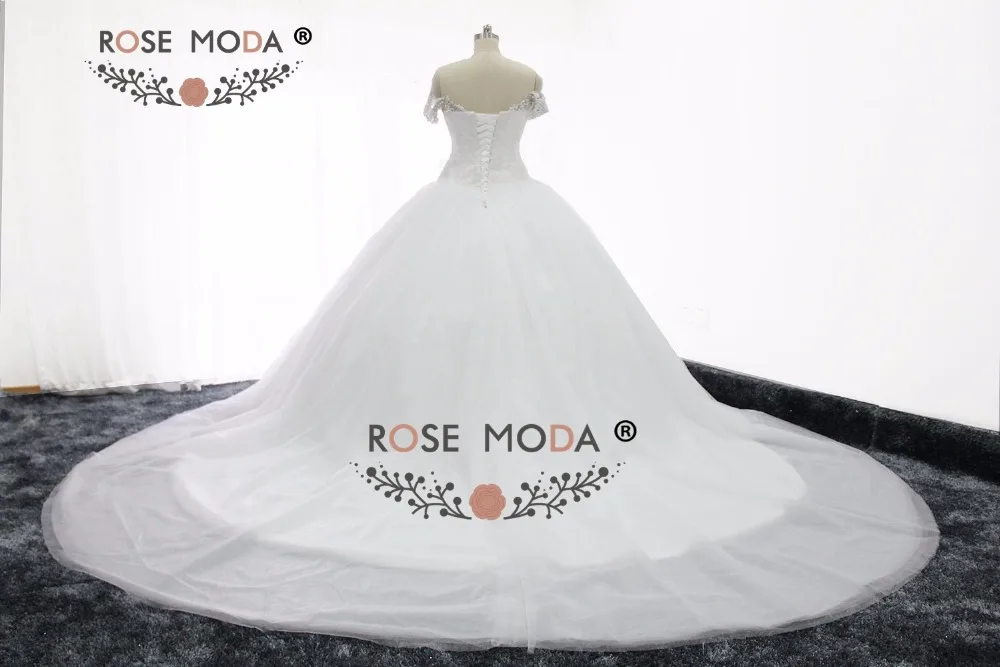 Rose Moda Off Shoulder Straps Luxury Puffy Princess Wedding Ball Gown with Cathedral Train Real Photos