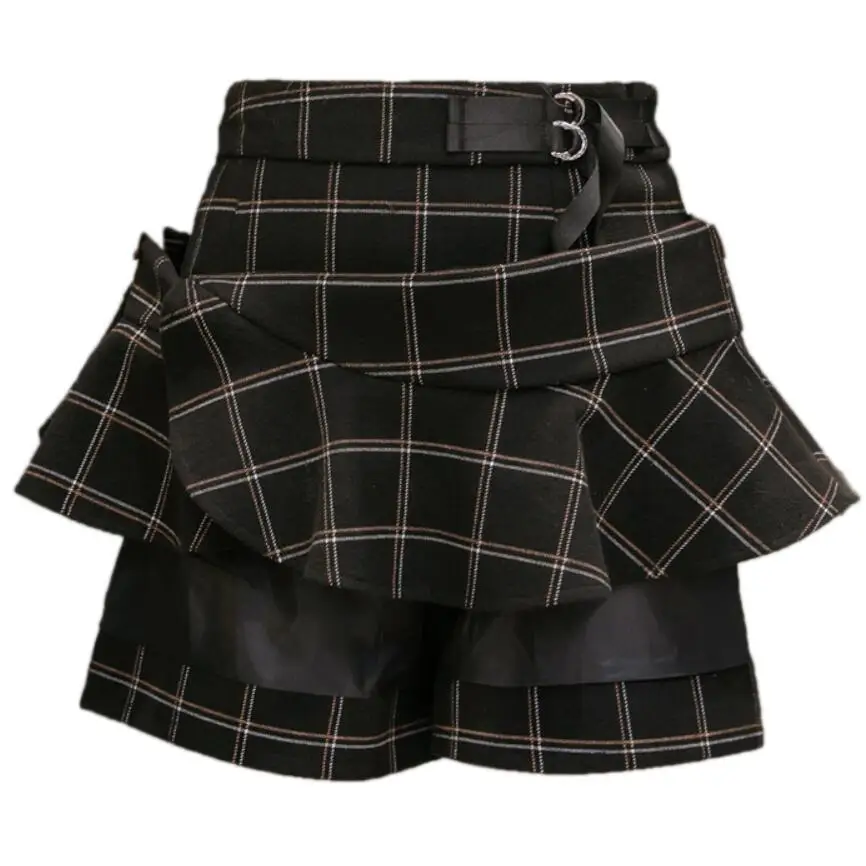 

Woolen skirt winter new Ruffled irregular high waist plaid mini a-line skirt