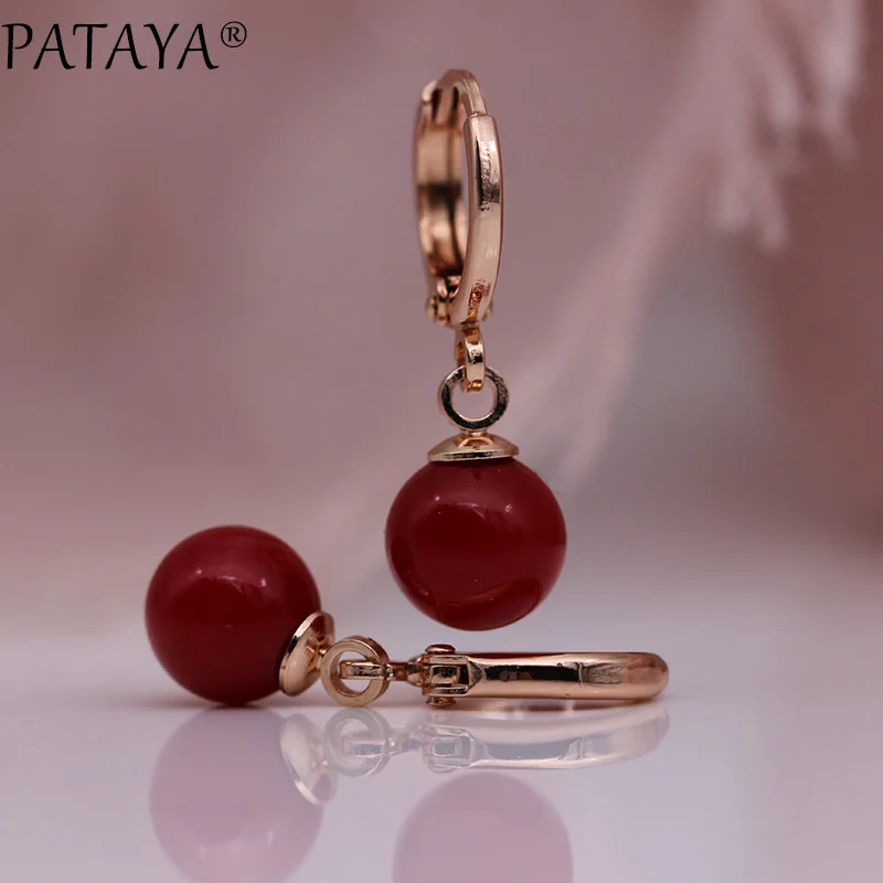 PATAYA New 585 Rose Gold Color Round Red Shell Pearl Dangle Earrings Women Wedding Fashion Jewelry Long Earring Cute Accessories