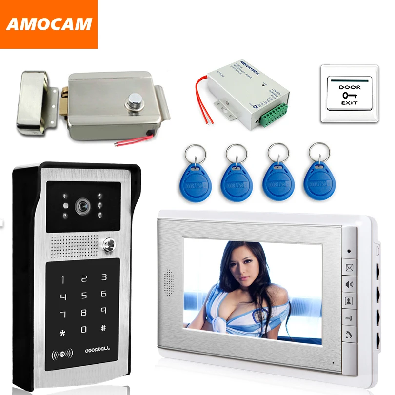 

7" Video Doorbell System Video Door Phone Intercom Kits Aluminum Alloy Password keypad, RFID Card +Electronic Door Lock+Power