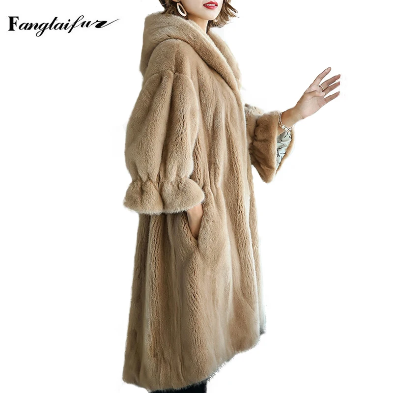 

Ftangaiur Winter Women Jacket Import Mink Fur Coat Three Quarter Sleeve With Hood Mink Coat Women's Long Real Mink Fur Coats