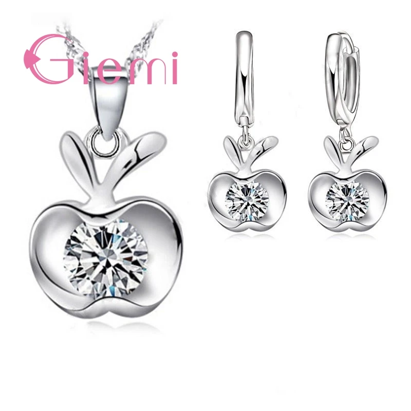 Exquisite 925 Sterling Silver Jewelry Sets Cute Apples Shape Cubic Zircon Pendant Necklace Earrings Set Women Wedding Party Gift